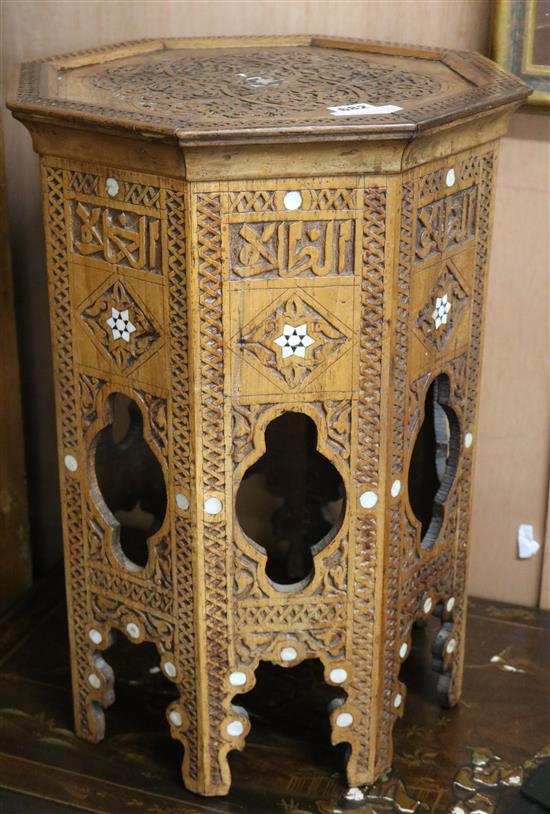 A Moorish mother of pearl inset occasional table, W.37cm